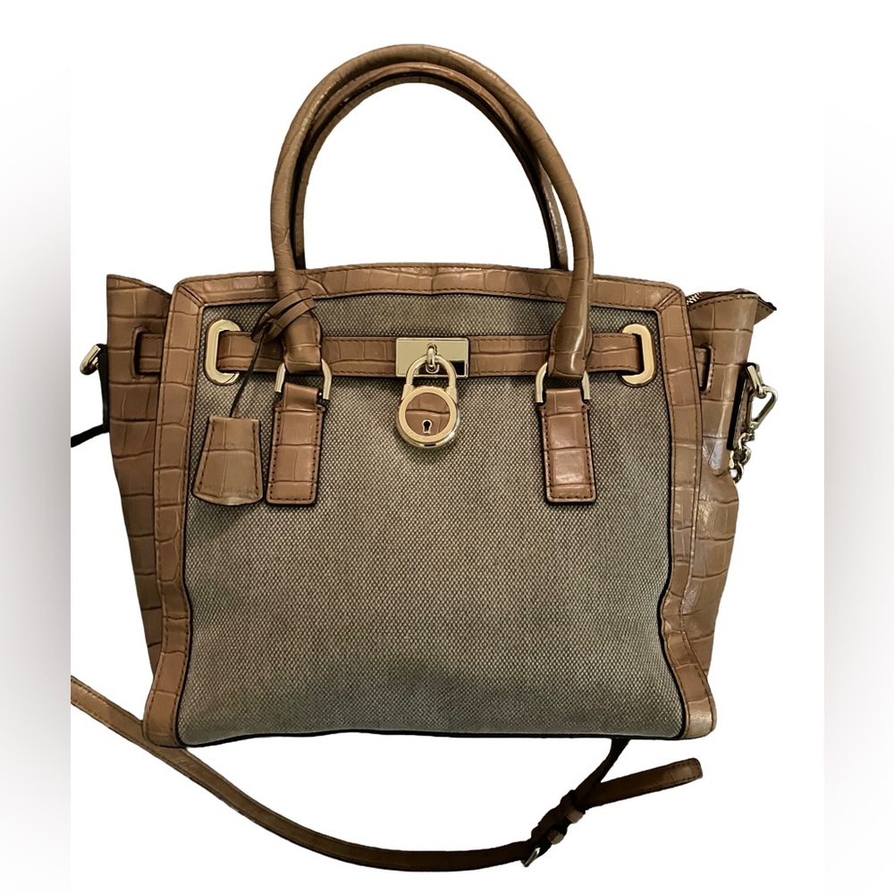 IN BEAUTIFUL CONDITION! MICHAEL KORS HAMILTON Croc Embossed Leather & Hemp Bag